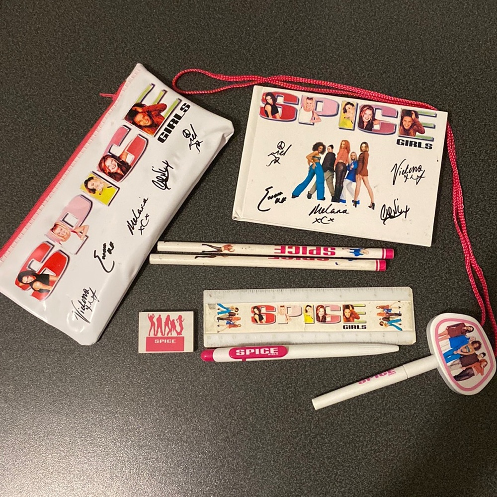 90s y2k spice girls pencil case, autograph book, ruler, pens